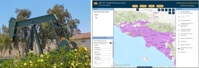 Left: Well pump in southern california; Right:  Thumbnail view of new Health Protection Zone map