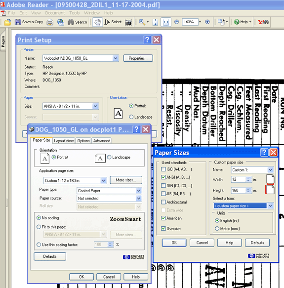 Back in the Print Setup dialog box, click on Fit to this page; Go to ZoomSmart dialog area, click on More sizes…; and again enter page size, 12 inches by 160 inches. Exit Print Setup by clicking OK