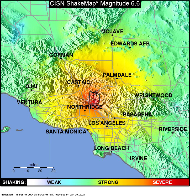 CISN ShakeMap* Magnitude 6.6. Processed Thursday February 19, 2004 03:44:42 PM PST, *Revised Friday January 29, 2021. Refer to the figure caption for more information.