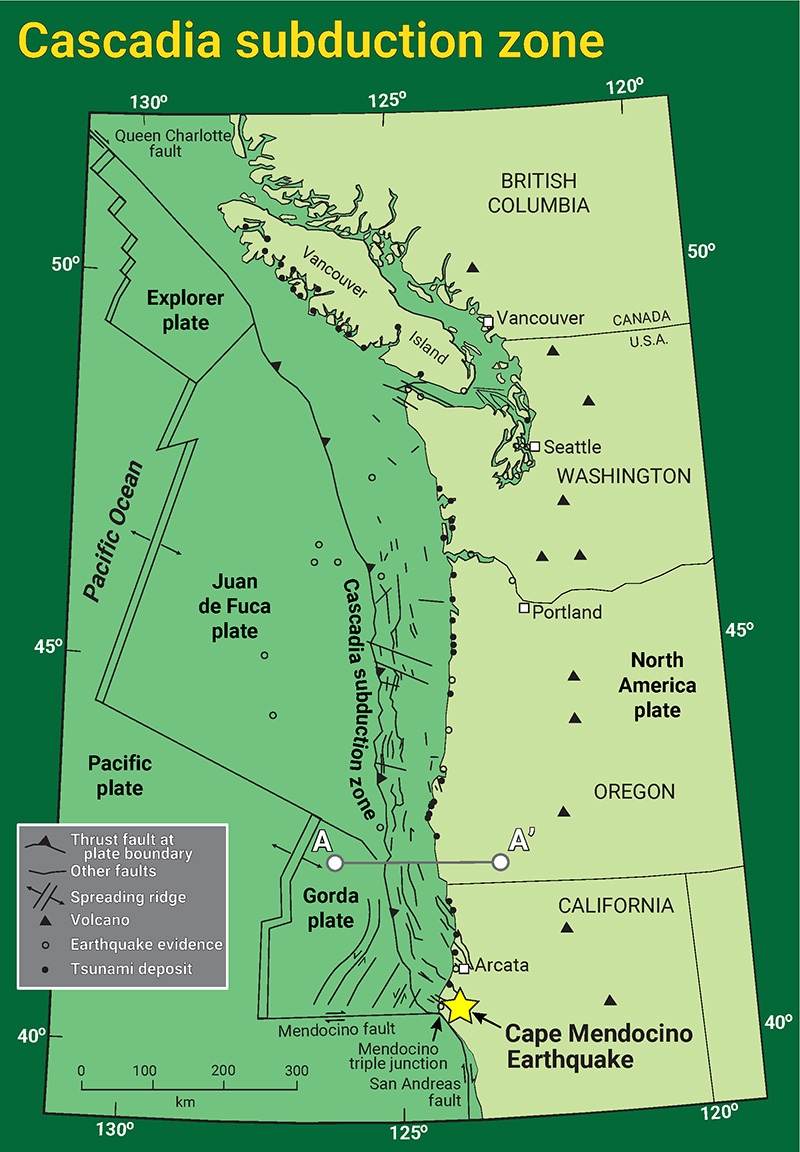 Map of the Cascadia subduction zone.