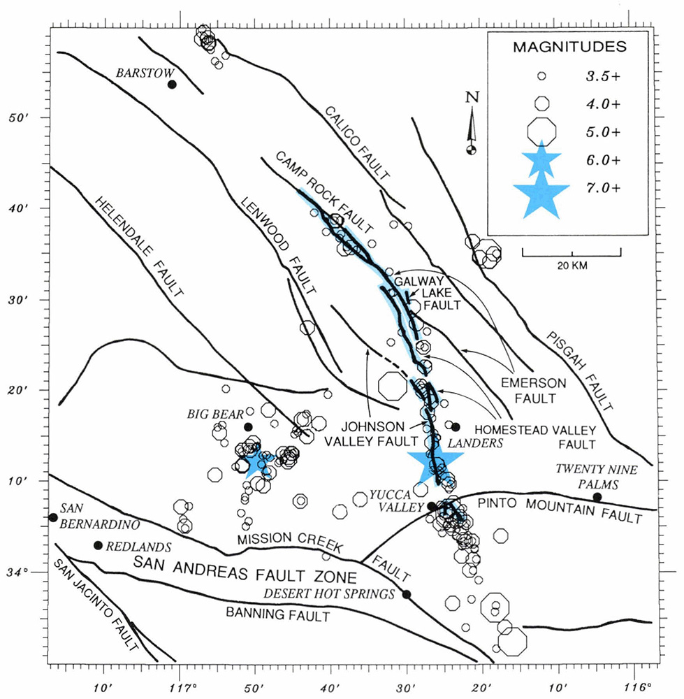 Figure A-2. Map of aftershocks of M≥3.5 for the June 28,1992 Landers and Big Bear earthquakes through September 10, 1992.