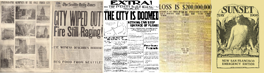 Newspaper headlines from the 1906 San Francisco earthquake.