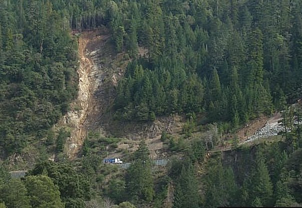 A landslide covers part of Highway 101 in Mendocino county.