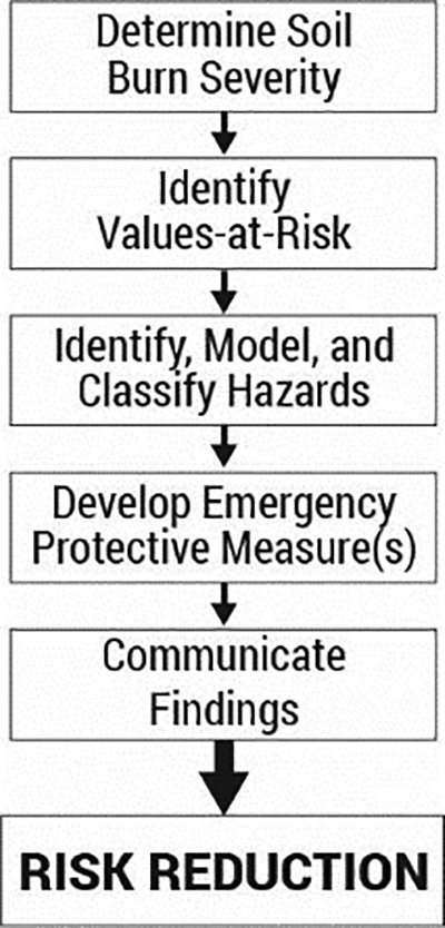 The WERT five-step process to risk reduction: 1. Determine soil burn severity. 2. Identify values at risk. 3. Identify, model, and classify hazards. 4. Develop emergency protective measure(s). 5. Communicate findings.