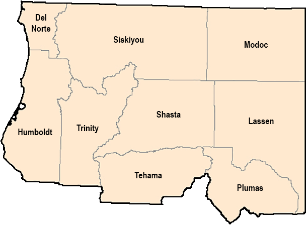 Zone 1 counties: Del Norte, Siskiyou, Modoc, Humboldt, Trinity, Shasta, Lassen, Tehama, Plumas