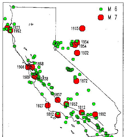 Figure 2. Seismicity M greater than or equal to 6 in CA between about 1800 and 1994, from DMG catalog