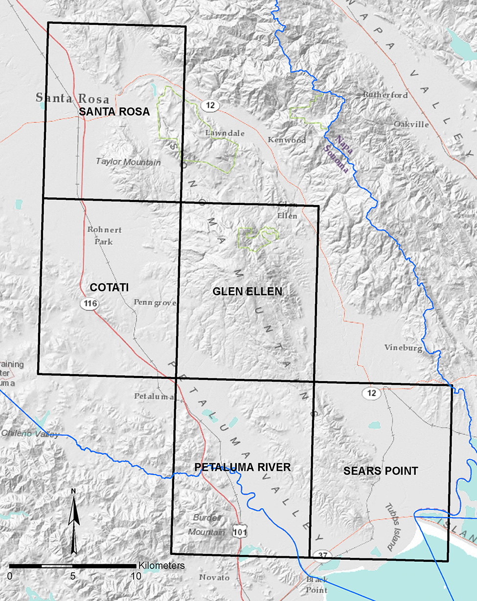 The Earthquake Fault Zone maps in this release cover the following quadrangles: Sears Point, Petaluma River, Glen Ellen, Cotati, and Santa Rosa. All are within Sonoma County.