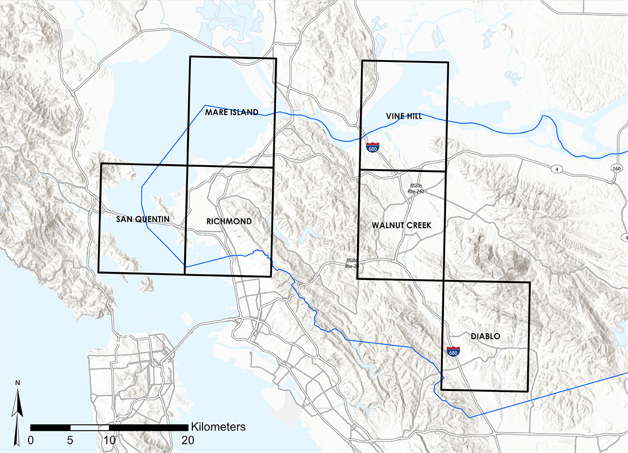 The Seismic Hazard Zone maps in this release cover the following quadrangles: Mare Island, Richmond, San Quentin, Vine Hill, Walnut Creek, and Diablo. All are within Contra Costa County.