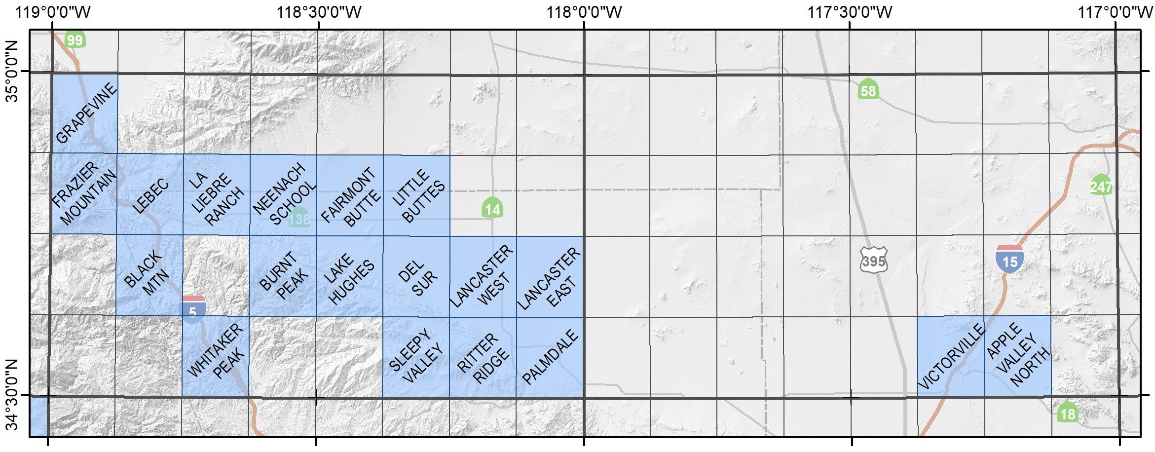 Map of the Lancaster-Victorville Region showing available quadrangles.