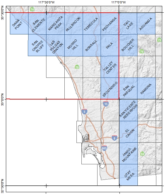 Map of the Oceanside-San Diego Region showing available quadrangles.