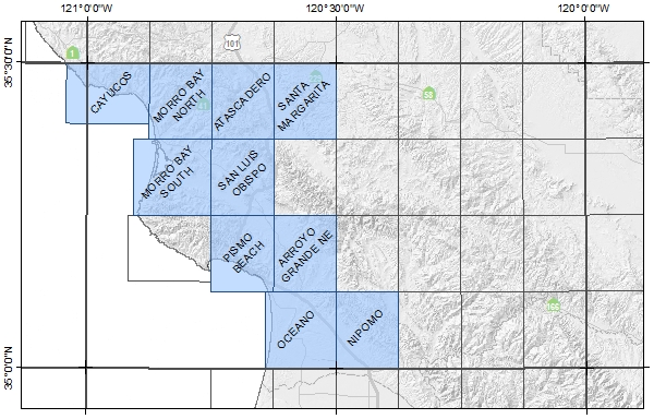 Map of the San Luis Obispo Region showing available quadrangles.