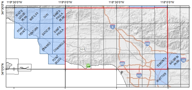 Map of the Santa Barbara-Los Angeles Region showing available quadrangles.