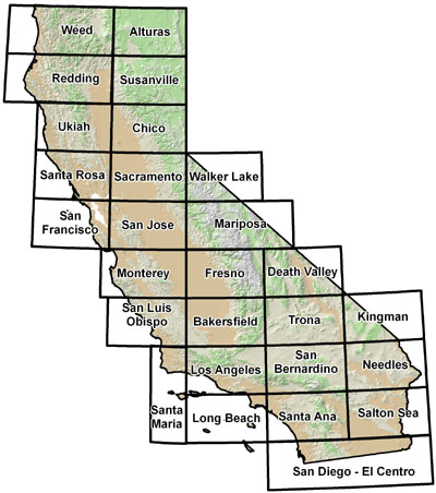 Map showing the 27 quadrangles of the Geologic Atlas of California.