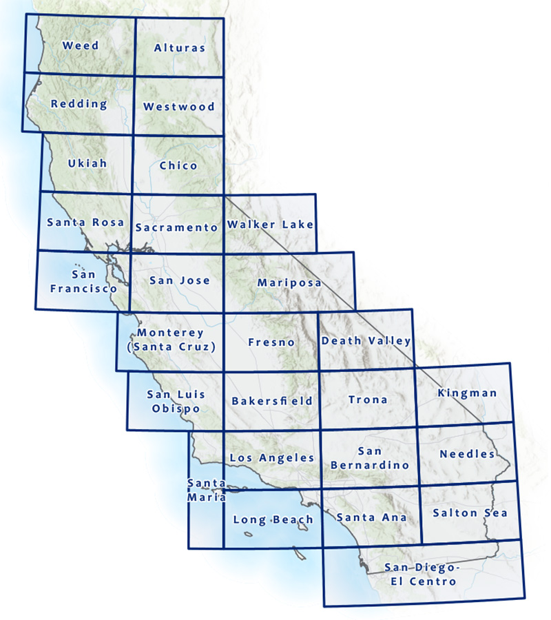 Map showing the 27 quadrangles of the Geologic Atlas of California.