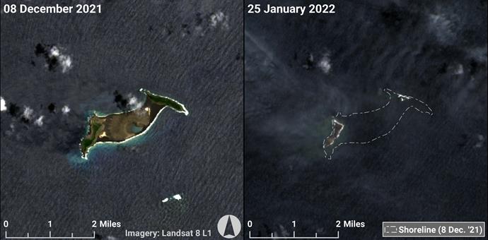 Satellite photos of Hunga Tonga-Hunga Ha'apai before the eruption, and after. For help with this figure, email Jason R. Patton at PAO@conservation.ca.gov