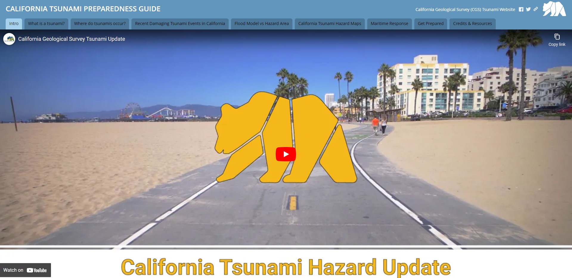 Click me for the 2021 California Tsunami Preparedness Guide. Mitigation, Information, and Inspiration. California Geological Survey Seismic Hazards Tsunami Unit. Leader in California tsunami science and guidance.