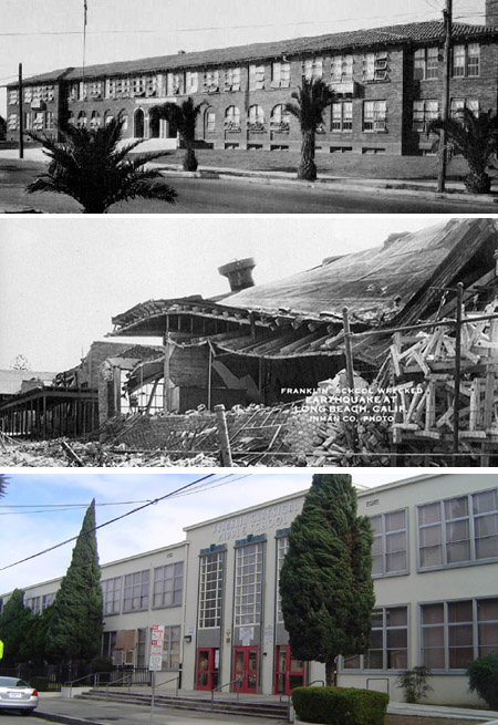 Franklin Junior High School in Long Beach, before the earthquake, after the earthquake and what it looks like today.