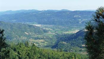 Mountaintop view of green valley.