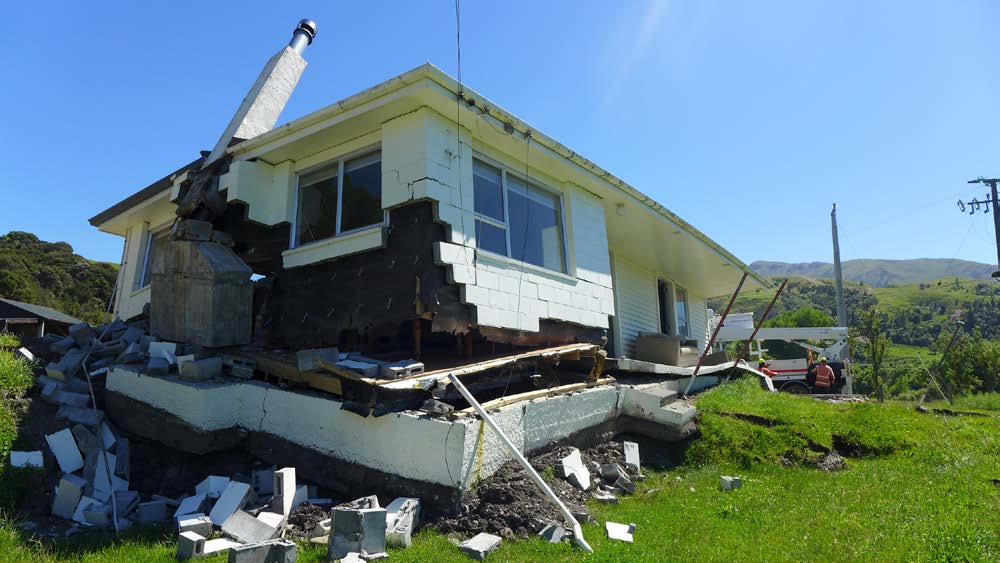Cottage destroyed by surface fault rupture on the Kekerengu Fault in New Zealand