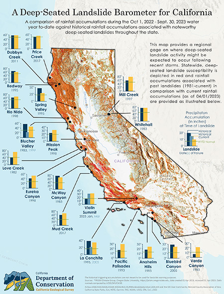 California map showing areas susceptible to deep-seated landslides, and locations of noteworthy deep-seated landslides. Caption provides more information.