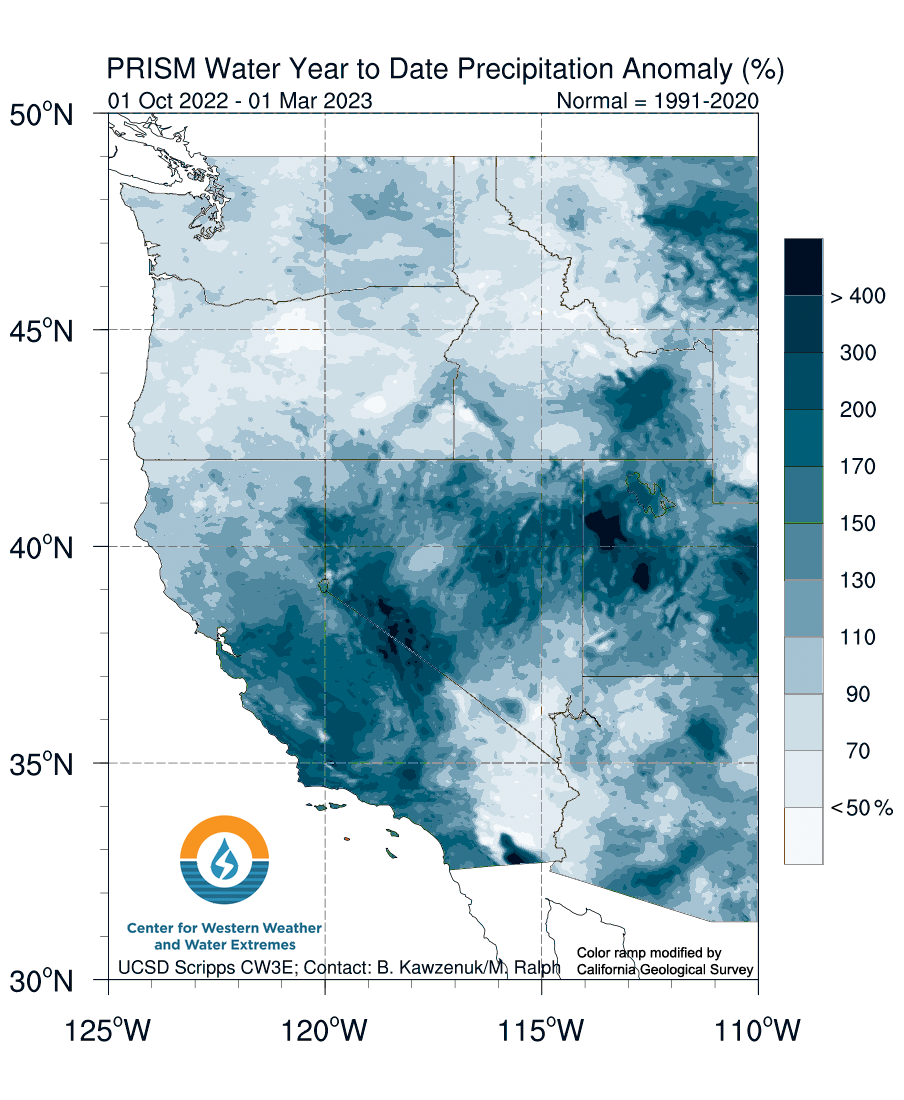 Western states map showing distribution of precipitation anomoly. Caption provides more information.