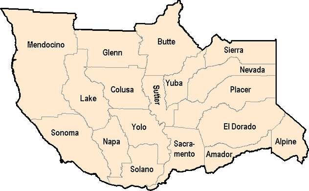 Zone 2 counties: Mendocino, Glenn, Butte, Sierra, Lake, Colusa, Sutter, Yuba, Nevada, Sonoma, Napa, Yolo, Placer, Sacramento, El Dorado, Amador, Alpine, Solano