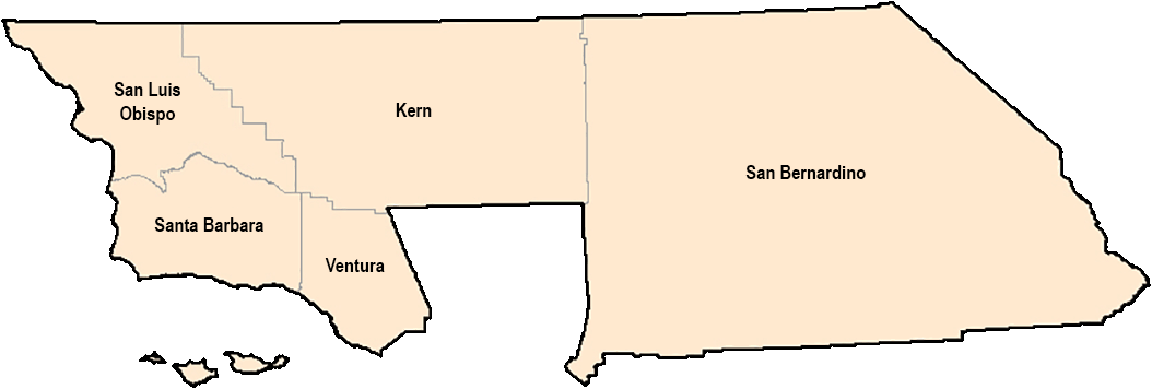 Zone 5 counties: San Luis Obispo, Santa Barbara, Ventura, Kern, San Bernardino