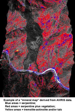 Example of a “mineral map” derived from AVIRIS data. Blue areas = serpentine; red areas = serpentine plus vegetation; yellow areas = tremolite-actinolite and/or talc