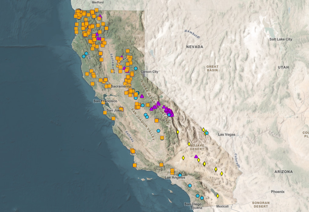 Map of California showing point locations of critical minerals.