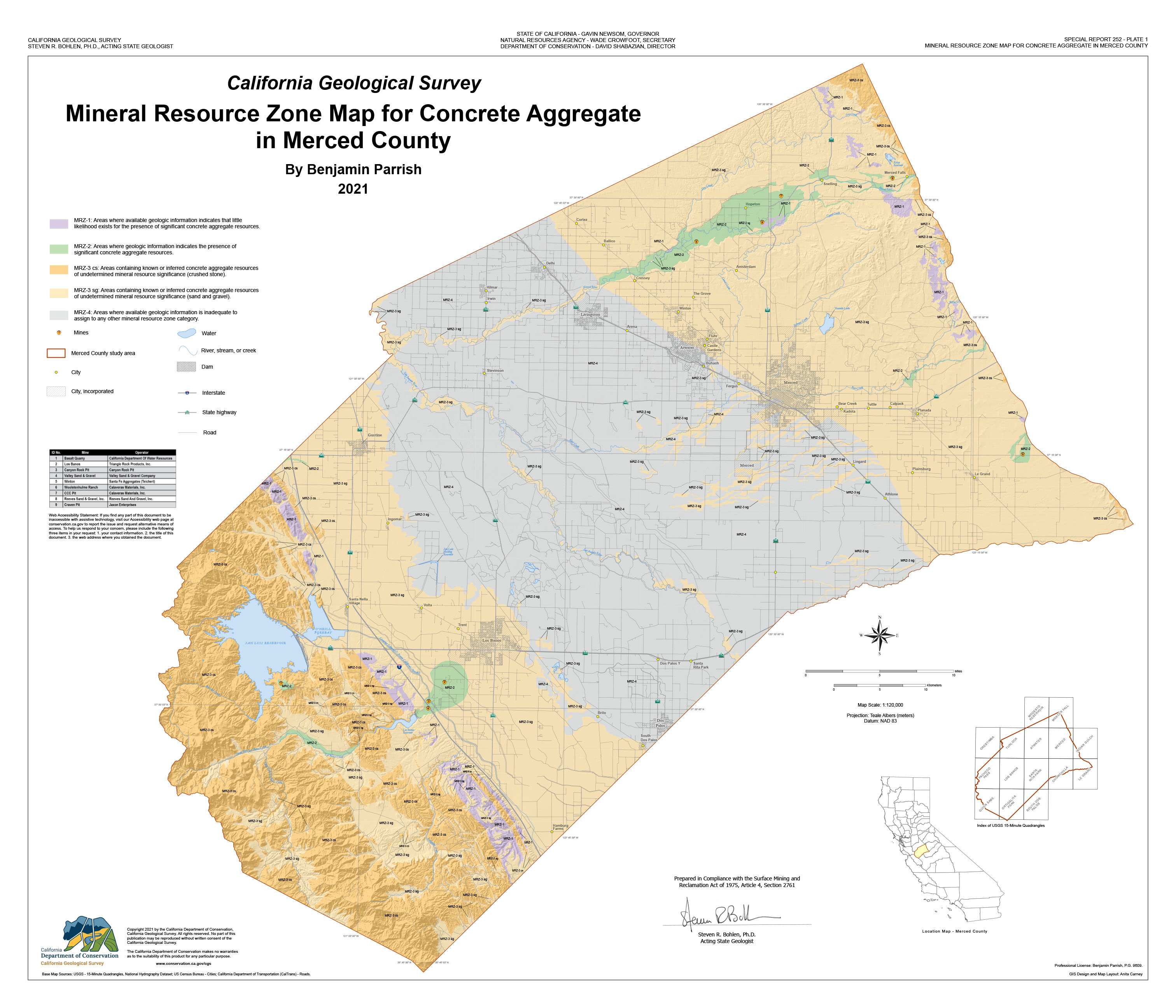 Thumbnail image of SR 252 Plate 1, map of Merced County Mineral Resource Zones.