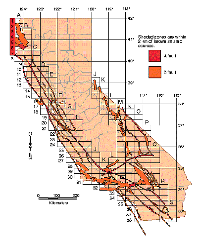 Map showing faults and grid for which active fault near source maps are available 