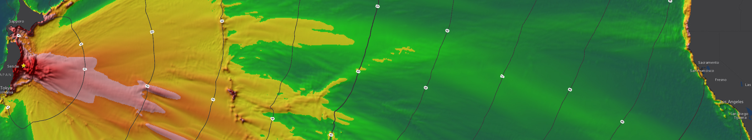 A map of the north Pacific Ocean from Japan to California, showing a tsunami wave height model where warmer colors represent higher waves that in places there are cooler colors.