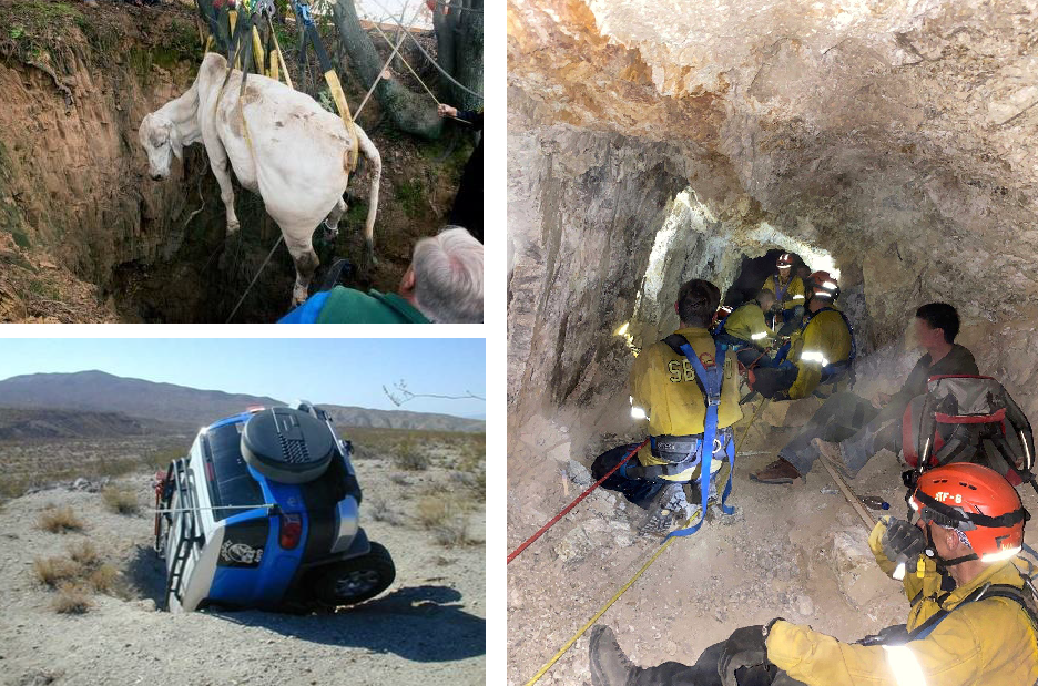 2 clockwise from top: Sacramento Bee story of cow rescued from mine shaft, San Bernadino Cave and Technical Rescue Team in action, and FJ Cruiser in mine shaft.