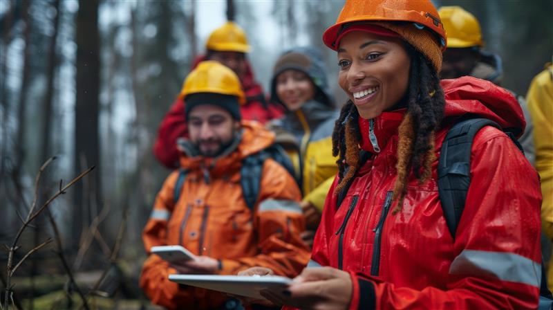 photo of group in the rain working