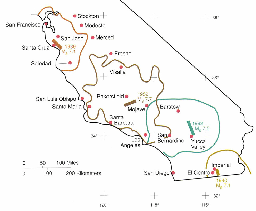 Figure A-5. Isoseismal map of the areas shaken at M M I 6 and greater for the 1992 Landers, 1989 Loma Prieta, 1952 Kern County, and 1940 Imperial County earthquakes.