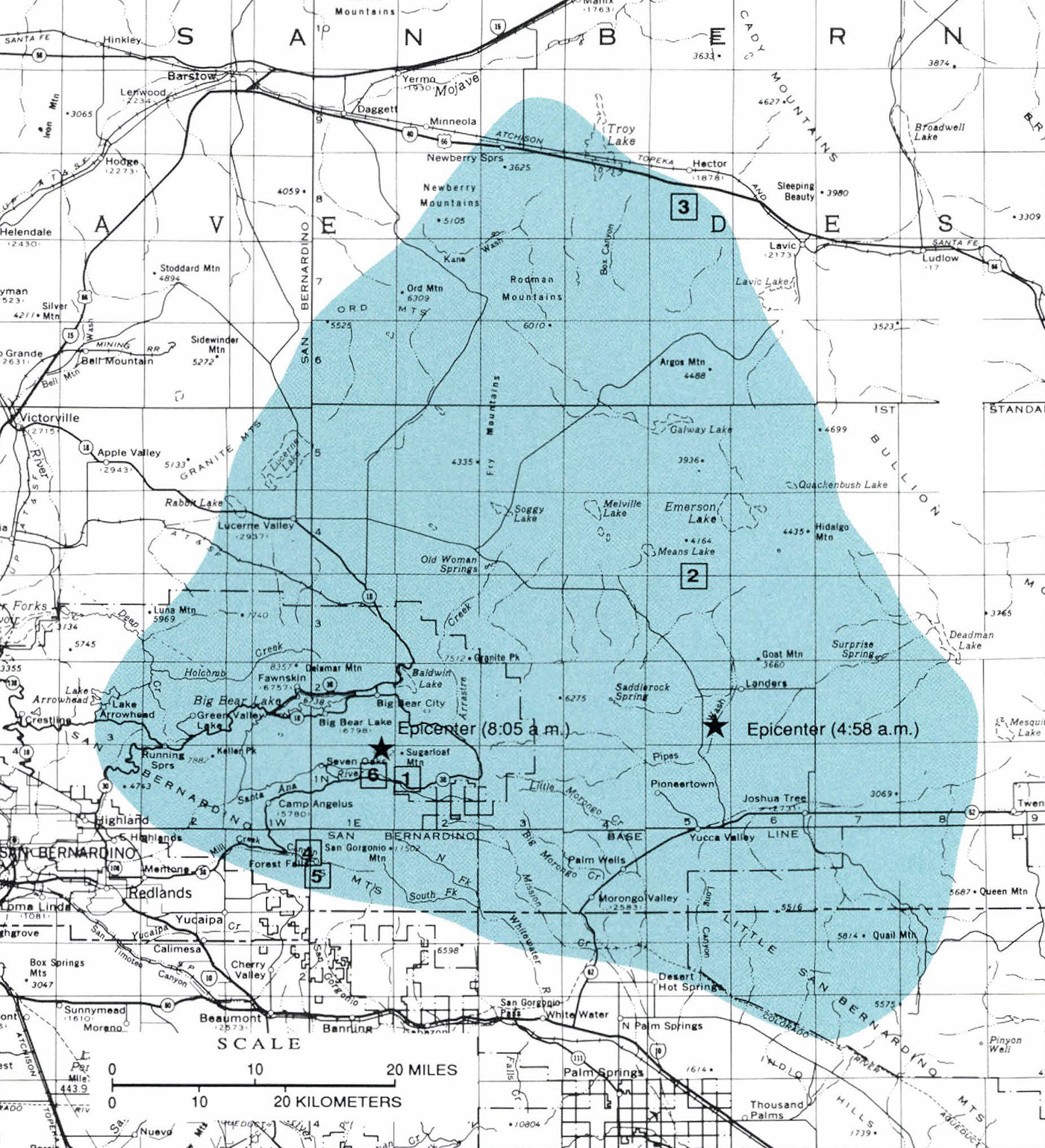 Limits of area affected by surface faulting, rockfalls, and other surface geologic effects.
