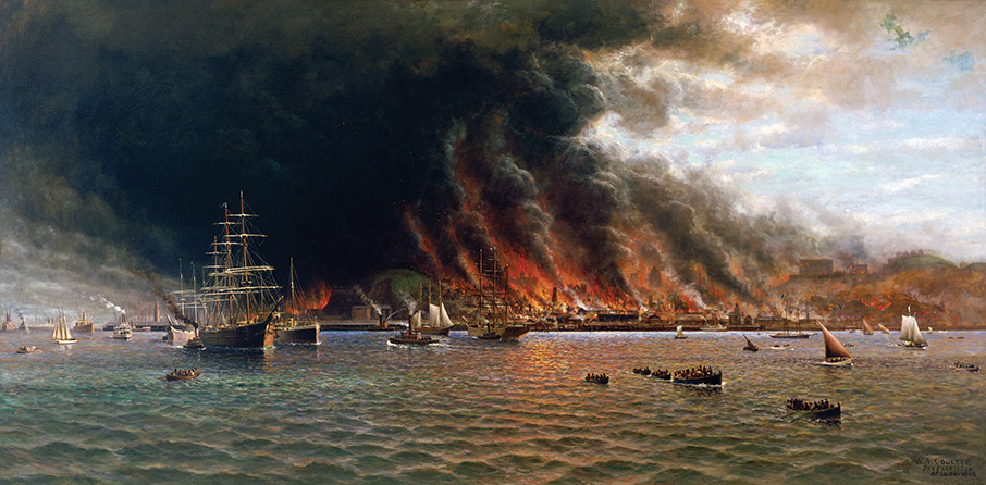 Oil painting titled San Francisco Fire, 1906 by W.A. Coulter.