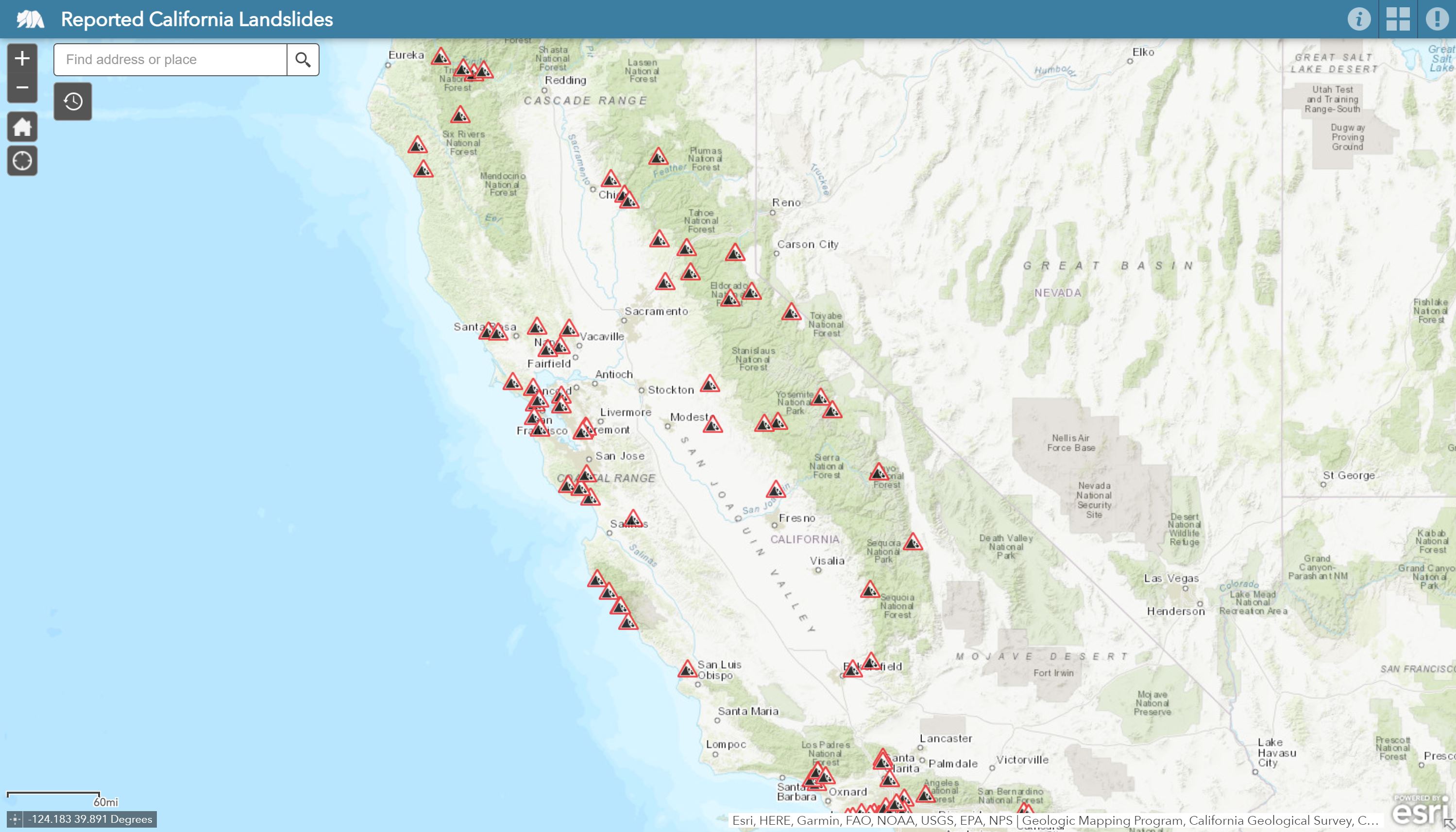 Screen shot of the Reported California Landslides map.