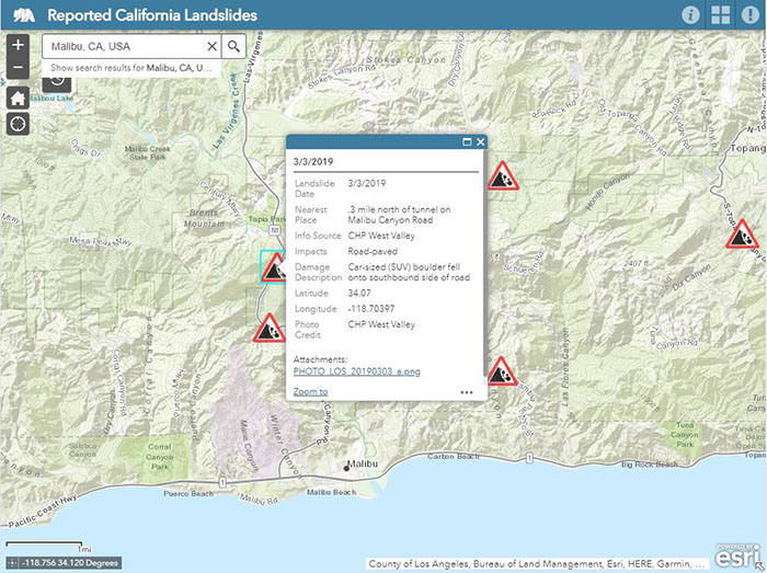 A screen shot representing a typical map view in the from the Reported Landslides web app.