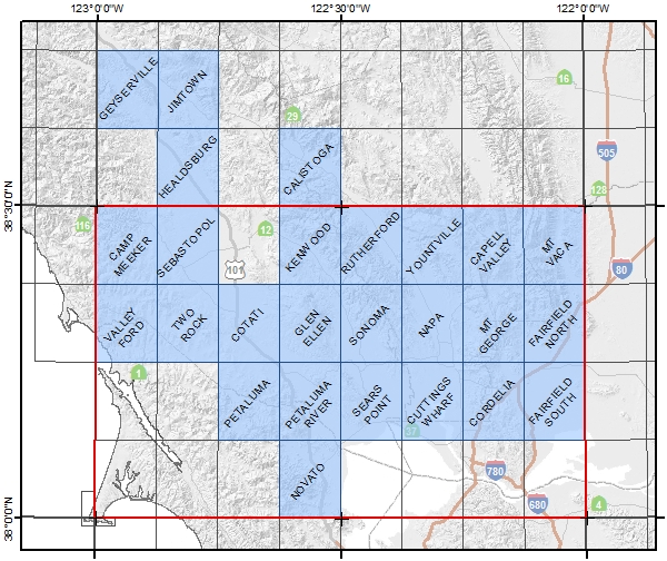 Map of the Healdsburg-Napa Region showing available quadrangles.