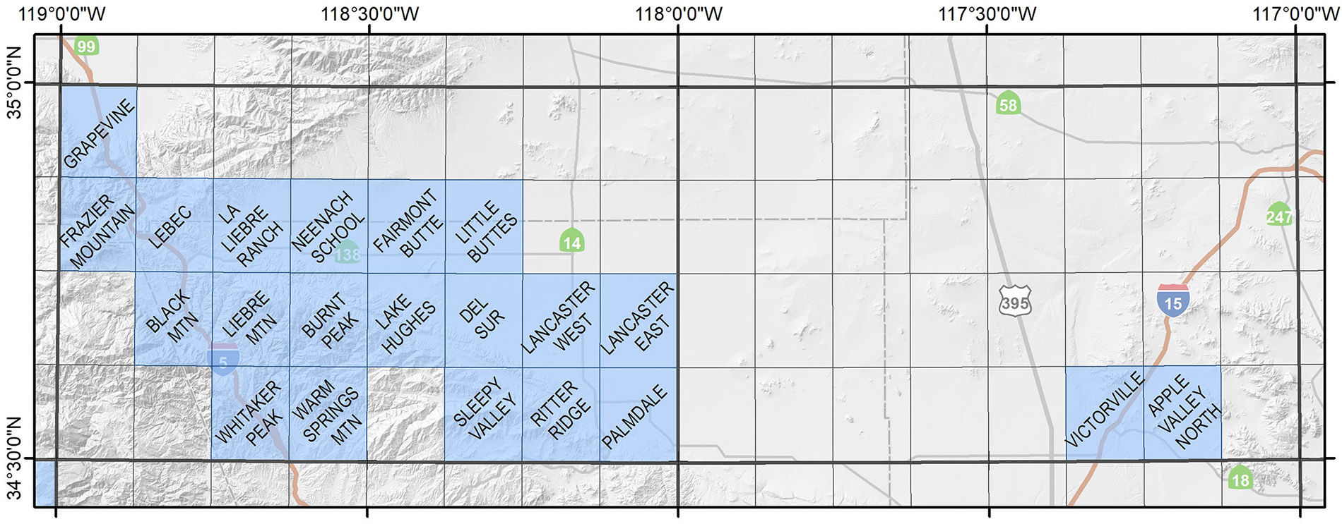 Map of the Lancaster-Victorville Region showing available quadrangles.