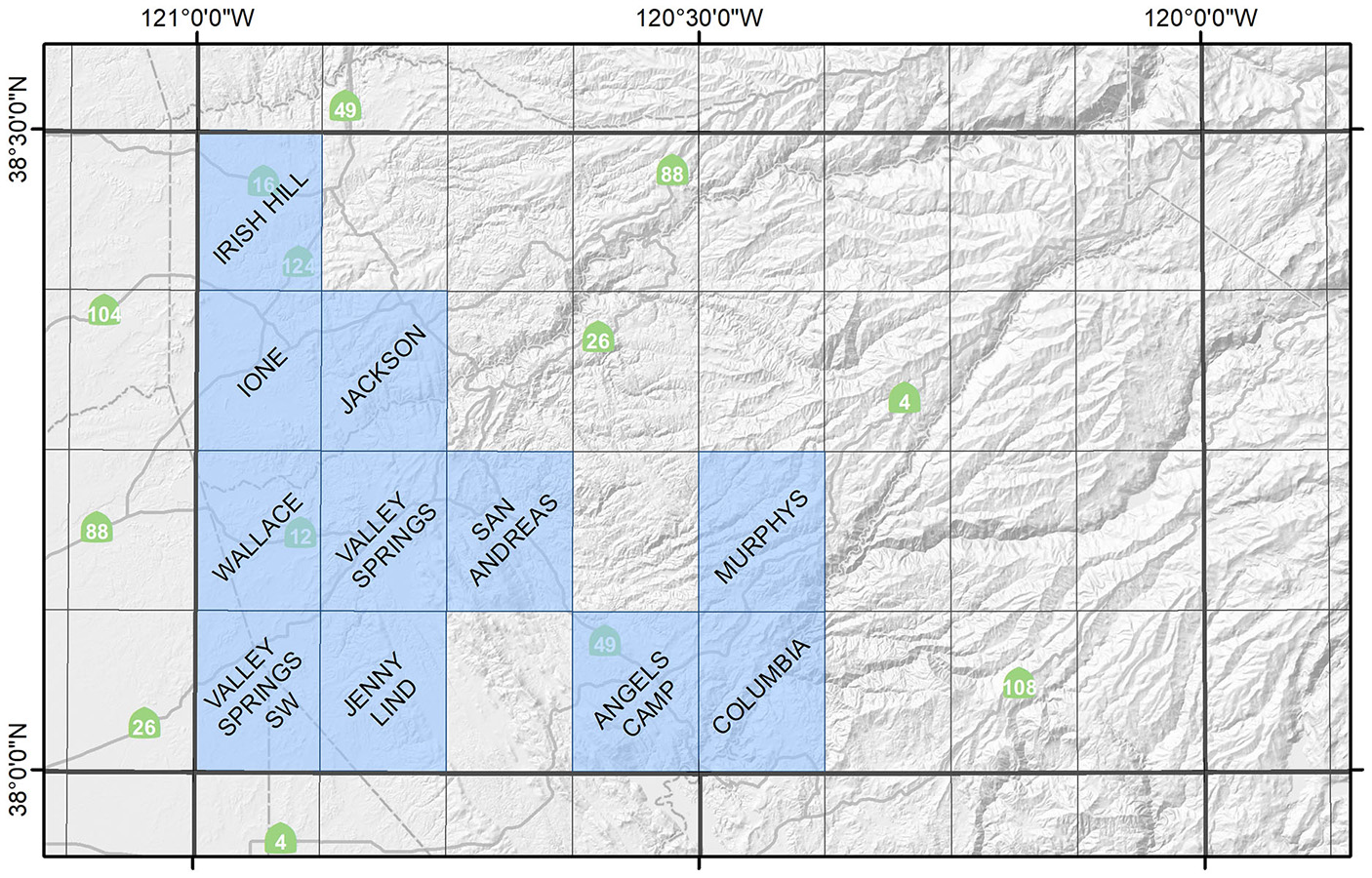 Map of the San Andreas Region showing available quadrangles.
