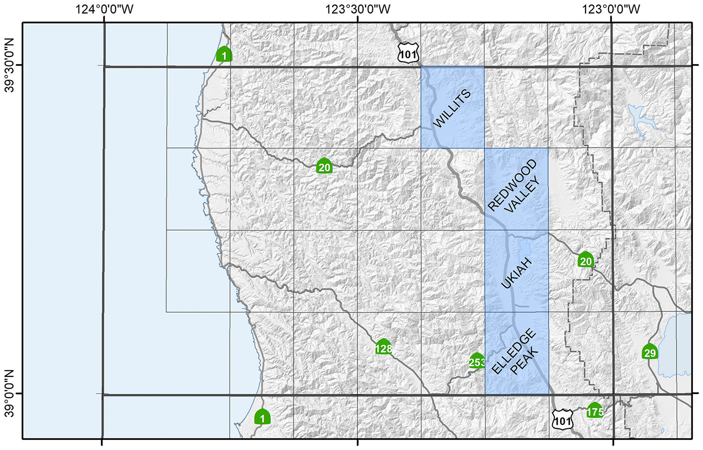 Map of the Ukiah Region showing available quadrangles.