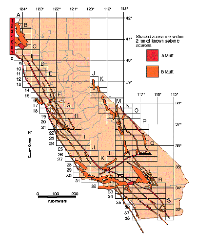 Map showing faults and grid for which active fault near source maps are available