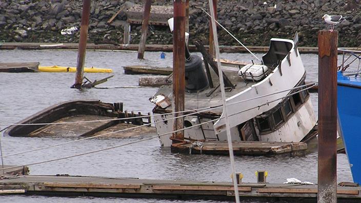 Damaged boats in Crescent City Harbor