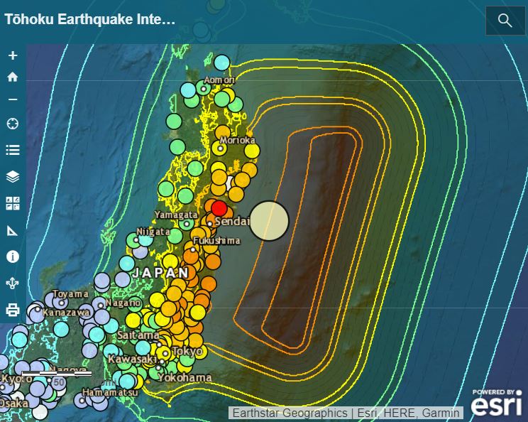 Earthquake intensity map showing the level of shaking people felt in different parts of Japan.