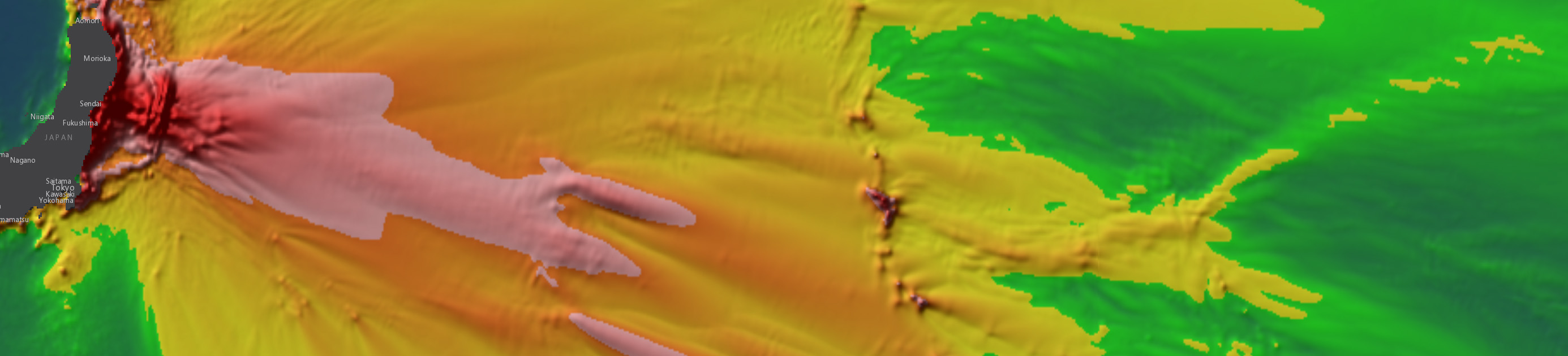A map of Japan and the northwest Pacific Ocean shows a tsunami wave height model where warmer colors represent higher waves that in places there are cooler colors.